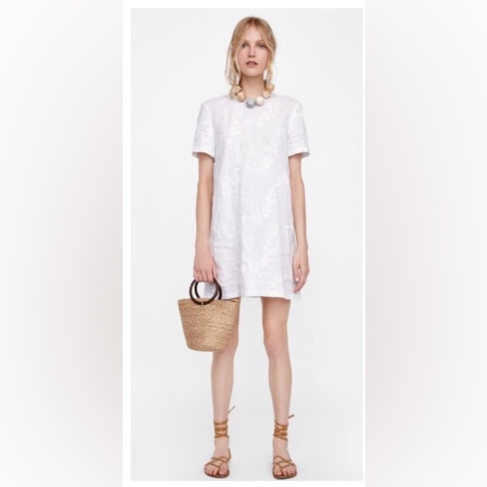 ZARA White Floral Embroidered Linen Shift Dress Size XS
